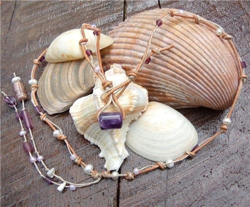 Pearl and Leather Necklace Baby Pearls and Glass Beads Beach N631 ~~~~
