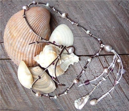 Pearl and Leather Necklace Pearl Cluster And Glass Beads Beach N632 ~
