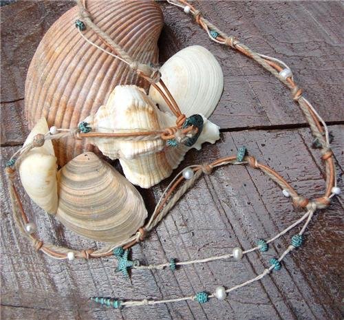 Pearl and Leather Necklace Green Patina Sea Shells And Glass Beads Beach N633 ~ ~