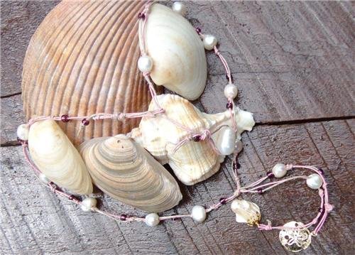Pearl and Leather Necklace 14K GP Sand Dollar Pearl Cluster Glass Beads Beach N634 ~