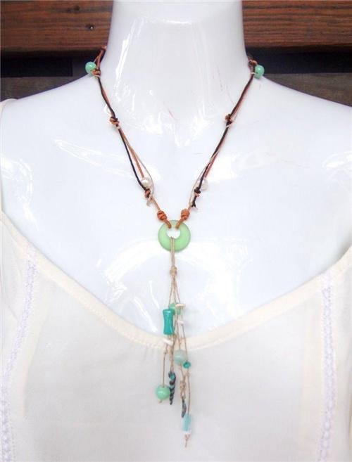 Pearl and Leather Necklace Sea Glass Green Patina Sea Shells Beach N635 ~~