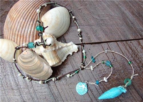 Pearl and Leather Necklace Hand Painted Shells Glass Beads Beach N636 ~