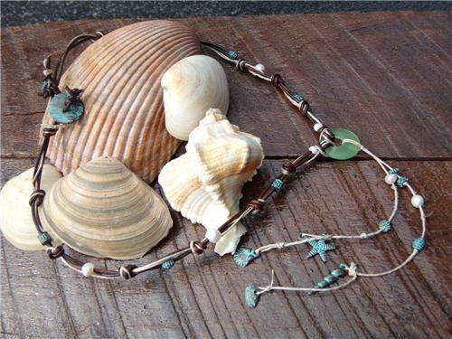 Pearl and Leather Necklace Sea Glass Green Patina Sea Shells Beach N637 ~~
