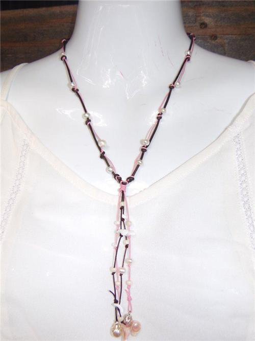 Pearl and Leather Necklace Pearl Cluster Glass Beads Beach Necklace N638 ~~
