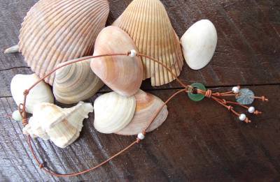 Glass Sand Dollar and Large Hole Pearls and Leather Necklace Boho Chic N140 ~