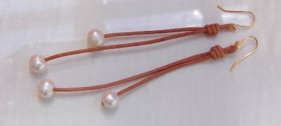 Large Hole Freshwater Pearl and Leather 14K Gold Plated Earrings Made in USA ~
