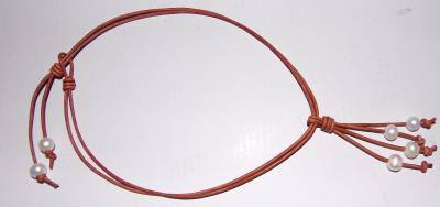 Pearl and Leather Necklace Large Hole Beads Gilligans Made In USA ~~~~~~~~~