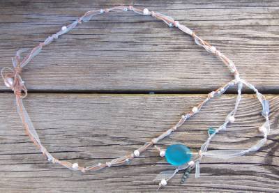 Freshwater Pearl and Leather Necklace Sea Glass Green Patina Shell Charm 519 ~~~