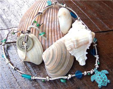Green Patina Sea Turtle Necklace on Knotted Leather with Glass Beads N607~