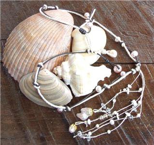 Pearl and Leather Necklace Pearl Cluster On 14K GP Cap Glass Beads Beach N629 ~