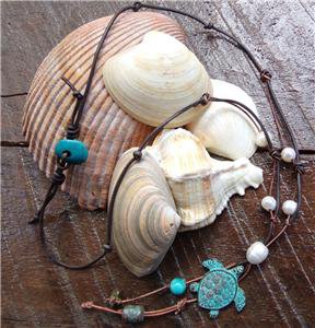 Sea Turtle Necklace on Knotted Leather Freshwater Pearls Turquoise Bead N614 ~