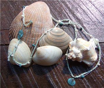 Green Patina Sea Shell Necklace Green Patina Charms Hemp Rope Glass Beads N604 ~