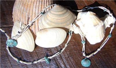 Green Patina Sea Shell Necklace Green Patina Charms Hemp Rope Glass Beads N603 ~