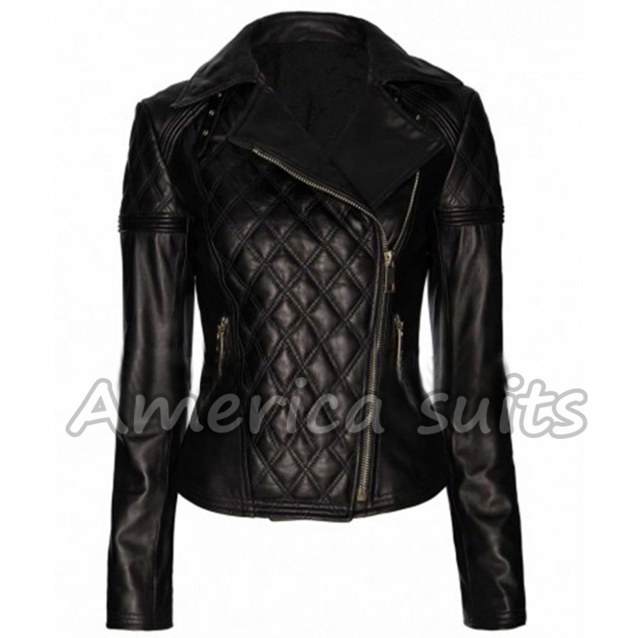 Baleza Womens Ladies Leather Quilted Sexy Biker Full Sleeves Zip Up Jacket