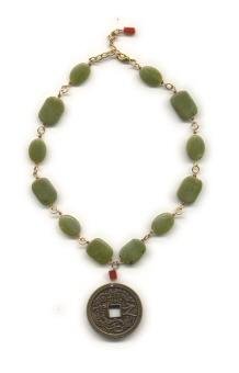 Green Jade and Carnelian Necklace - Featuring Bronze Oriental Pendant