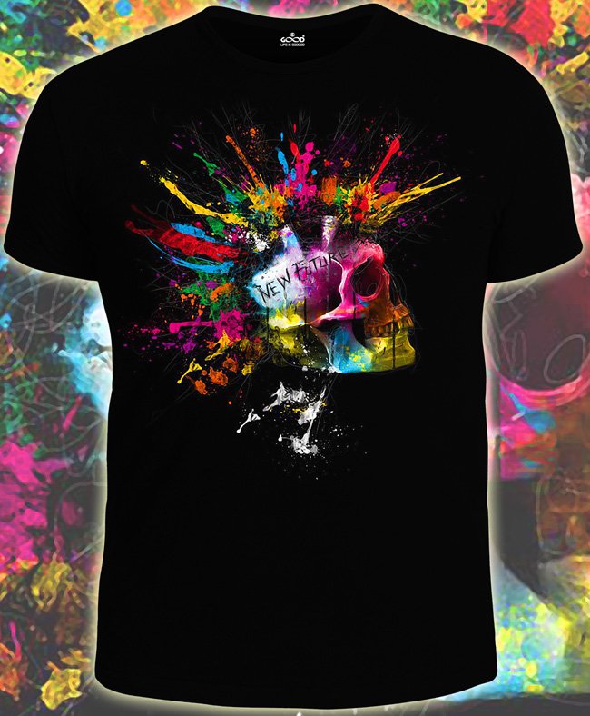 Punk sceleton t-shirt Glow under UV blacklight party club dubstep bones skull hell death rock neon