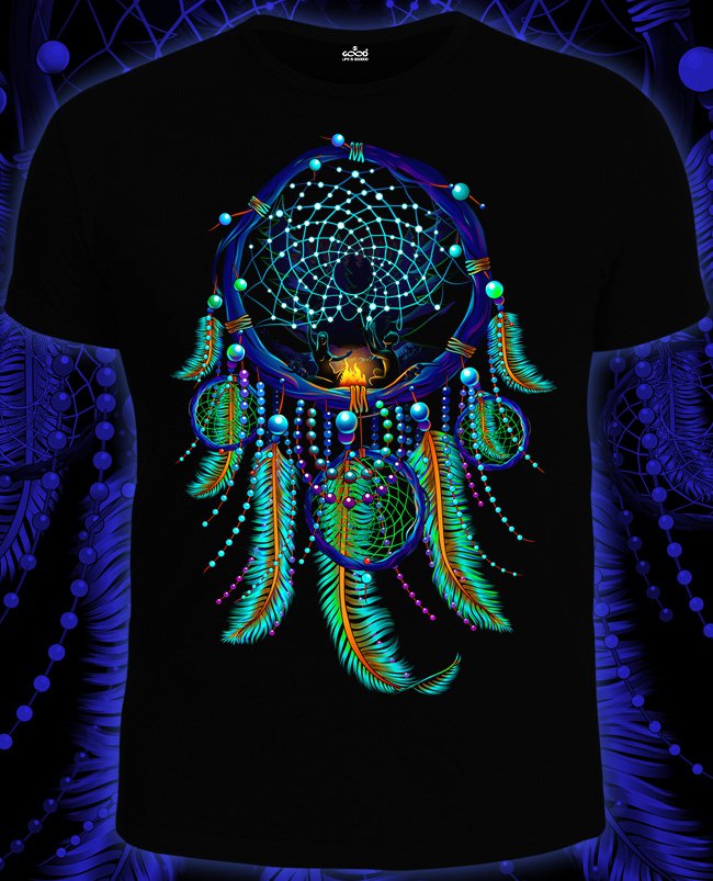 Dreamcatcher psychedelic festival t-shirt Glow under UV psy wear clothes lovers in night forest