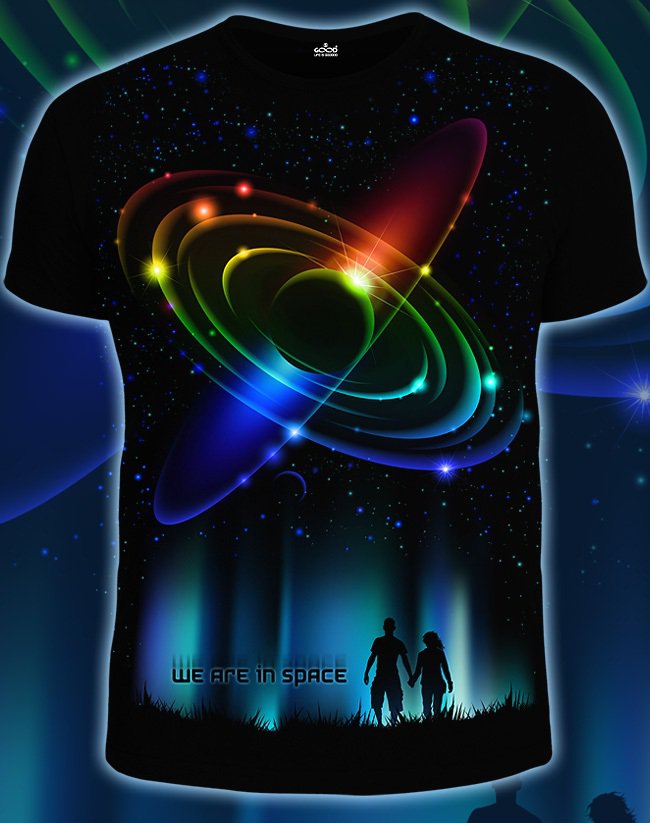 We are in srace - t-shirt Glow blacklight psy trance Space stars universe geometric Abstraction Goa