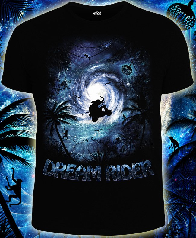 Dream Rider - T-shirt for rave people wear abstraction clothes elephant flight psytrance