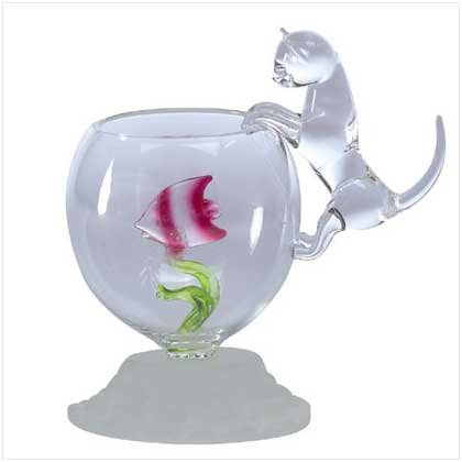 3044900: Adorable Glass Cat and Fish Bowl Figurine
