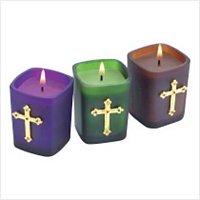 3889700: Frosted Glass Jeweled Cross Votives-3 pc Set Religious Decor
