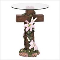 3941000: Inspirational Cross Glass Top Table - Religious Decor