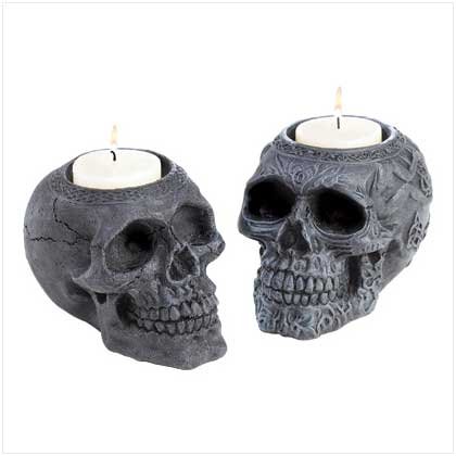 3982600: Gothic Human Skull Candle Holders - 2 pc. Set
