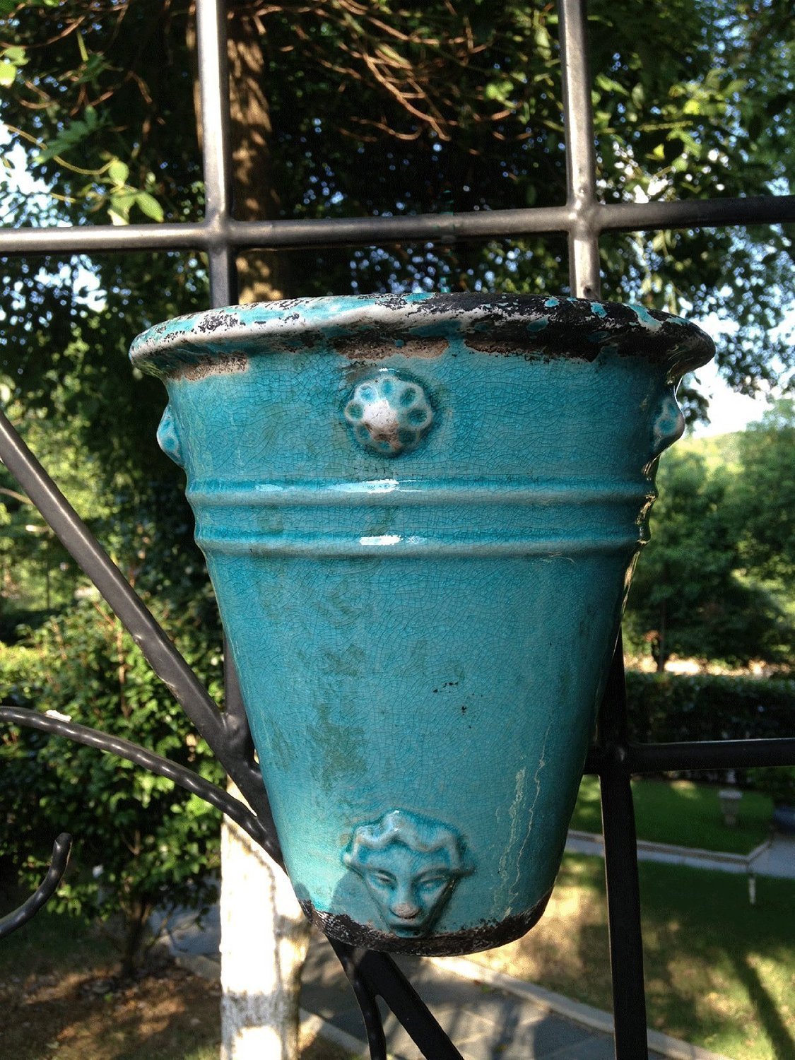 Old World Roman Style Wall Hanging Planter in Teal Cracked Ice Ceramic Finish