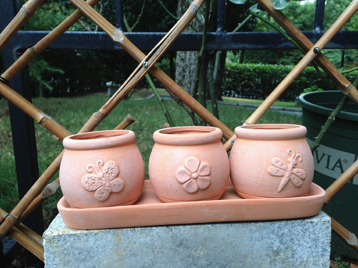 Terra Cotta Clay Set of 3 Small Round Embossed Earthenware Planters with Tray