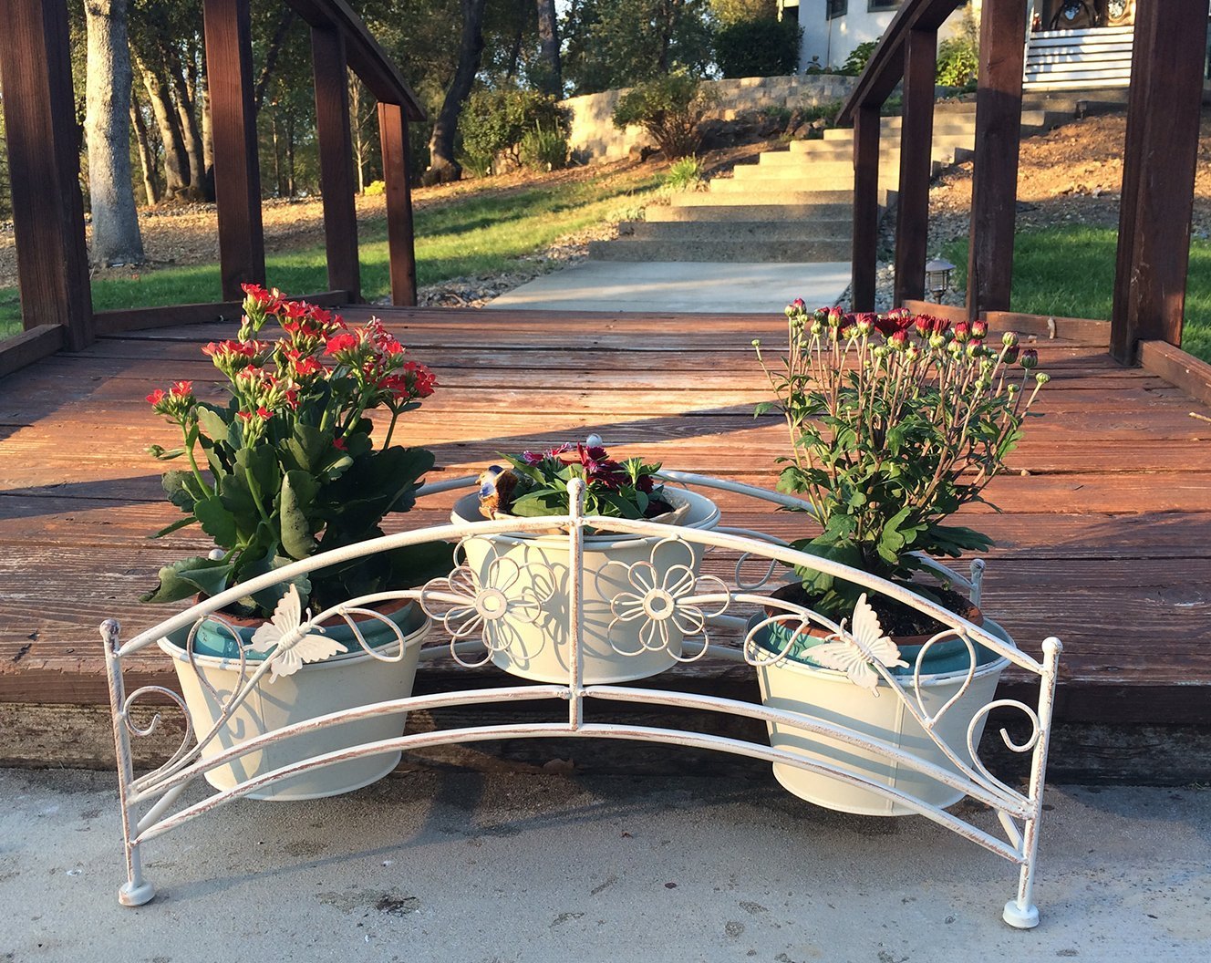 Antique White Iron Shaped Bridge with Three Planter Holders for Indoor or Outdoor Use