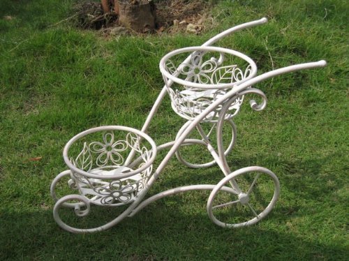 Antique White Iron 2 Handled Shaped Double Basket Planter Holder for Indoor or Outdoor Use
