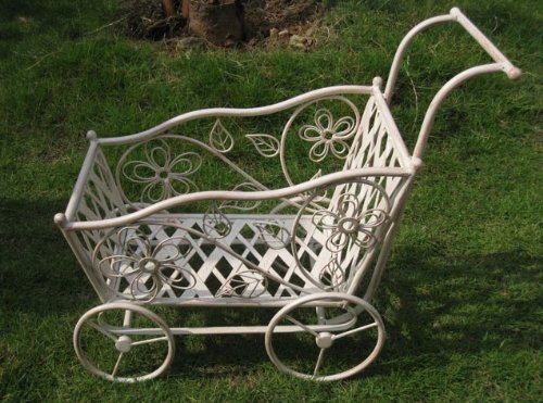 Newly Designed Antique White Carriage Shaped Plant Stand for Indoor or Outdoor Use