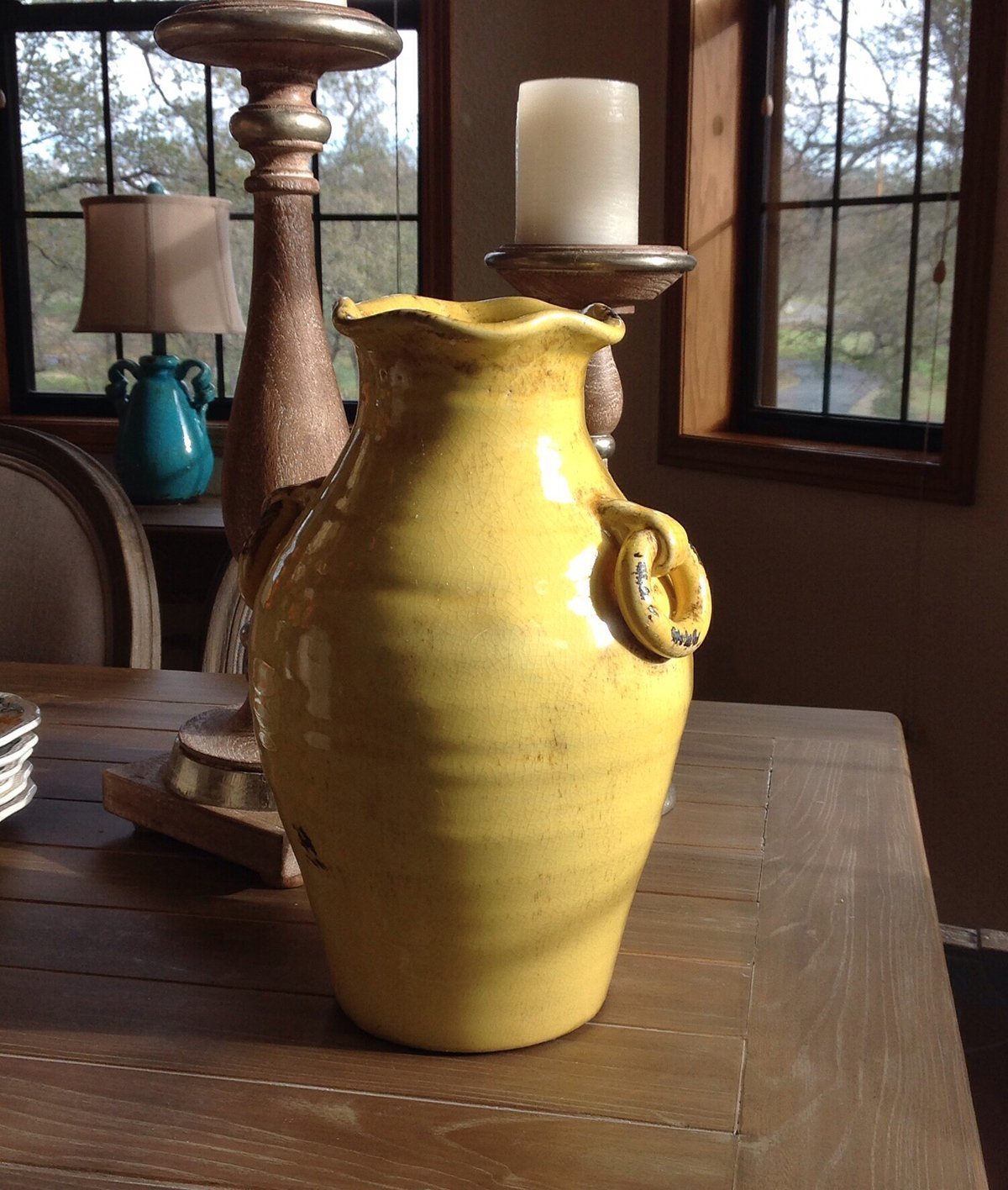 Vintage Old World Hand Thrown Water Jug with Faux Ring Handles