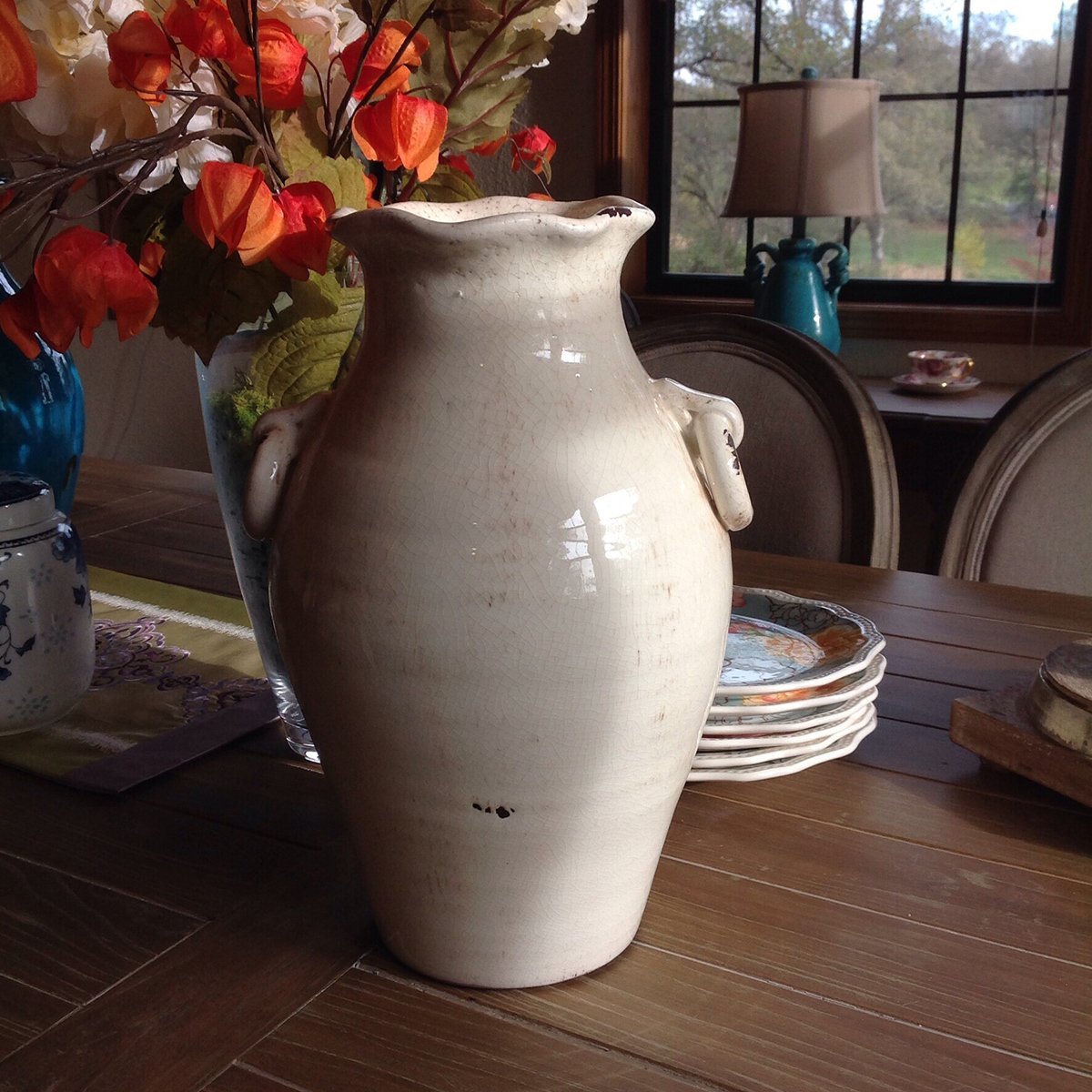 Vintage Old World Hand Thrown Water Jug with Faux Ring Handles