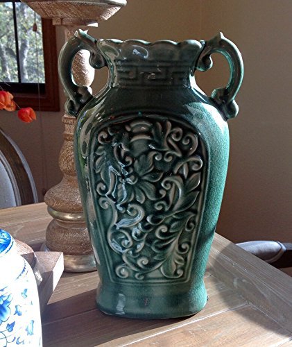 Fine Ceramic Teal Blue Ancient Aged Floral Embellished Asian Water Container