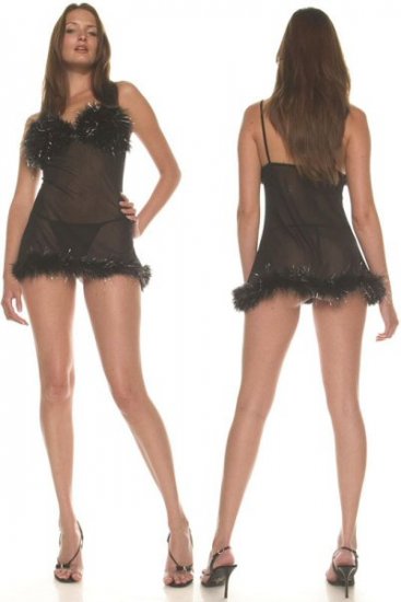 Sheer Mesh Babydoll with Marabou Trim and G-String