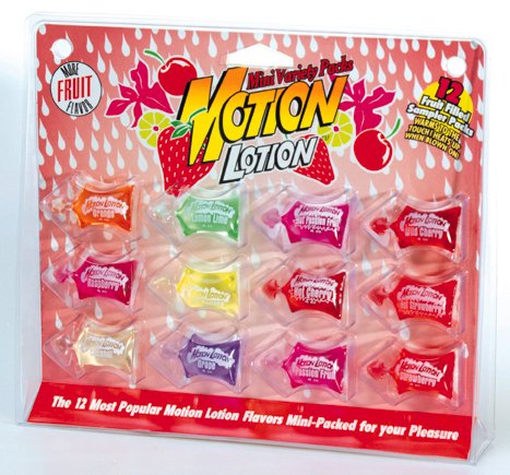 Motion Lotion Sampler pack with 12 flavors.