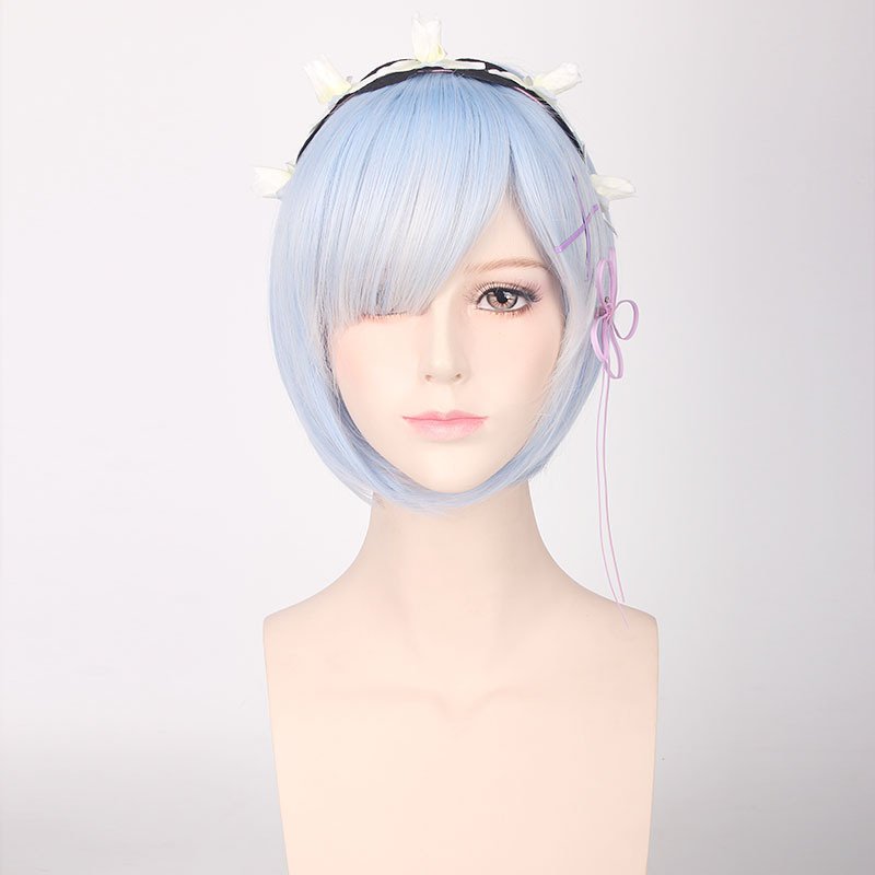 Re:Life in a different world from zero Rem short blue mix cosplay wig + Hair hoop hair pin
