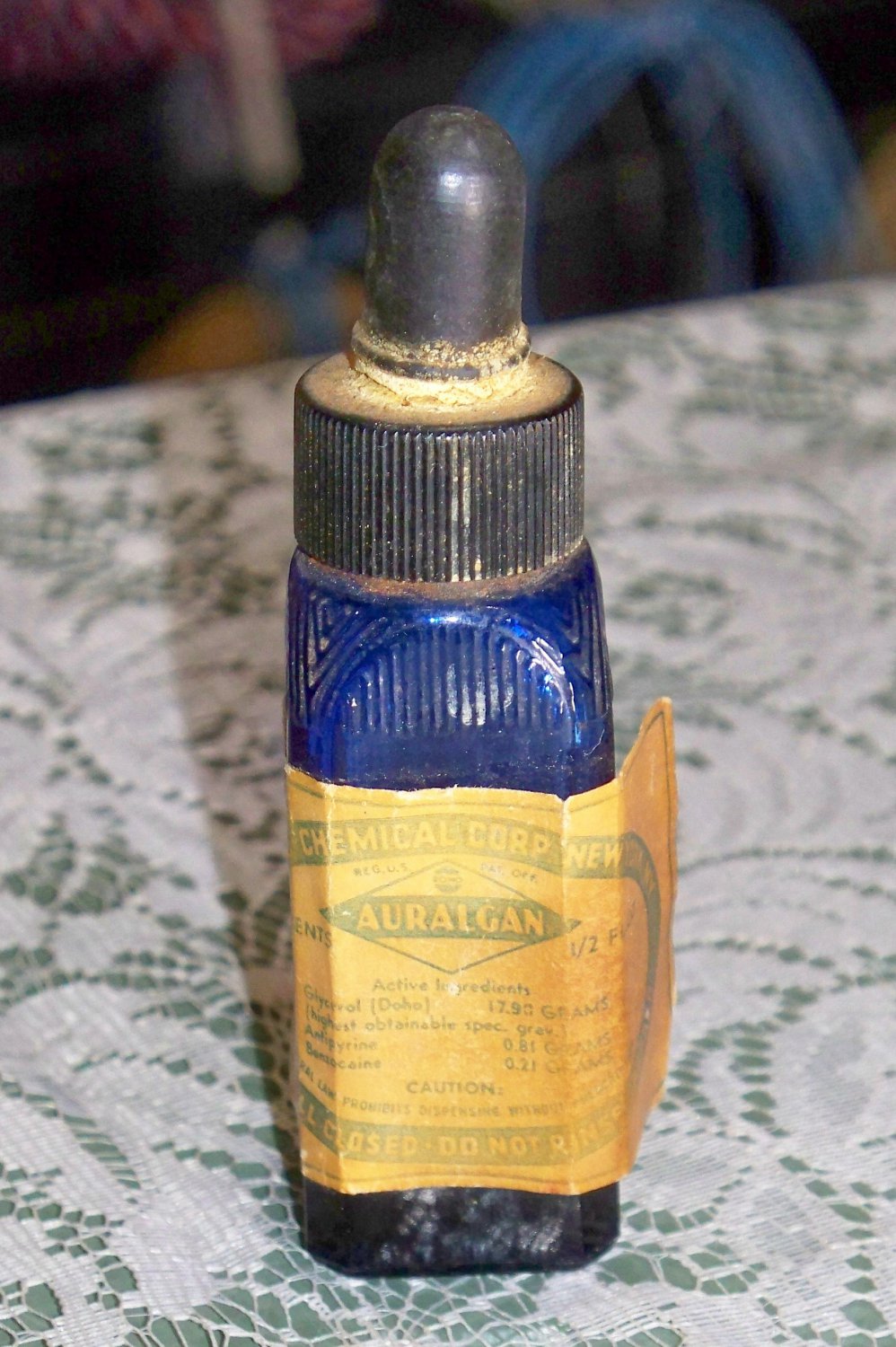 Cobalt Blue Bottle With Label The Doho Chemical Corp Auralgan Used 5875