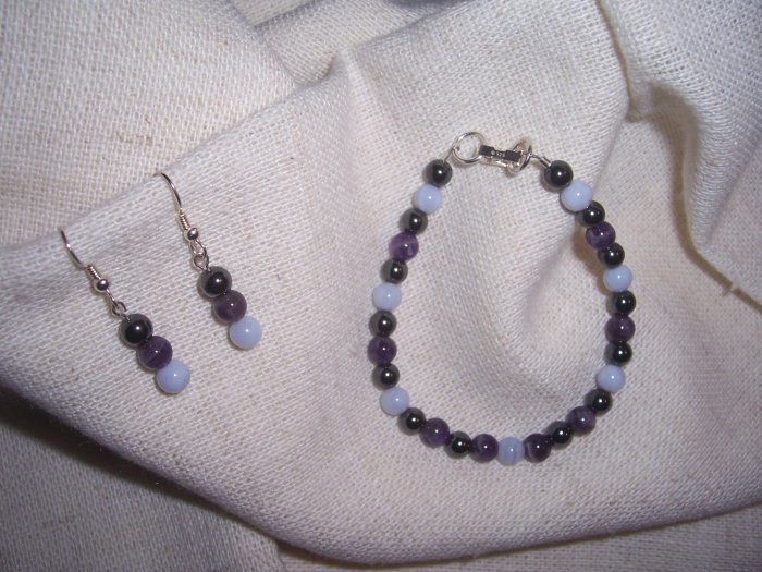Blue Lace Agate with Amethyst and Hematite bracelet set by A Touch of Earth