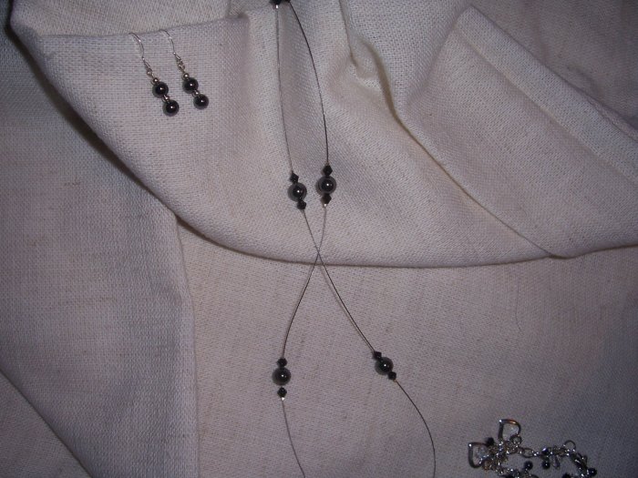 Floating Hematite and Black Crystal Necklace w/ Earrings