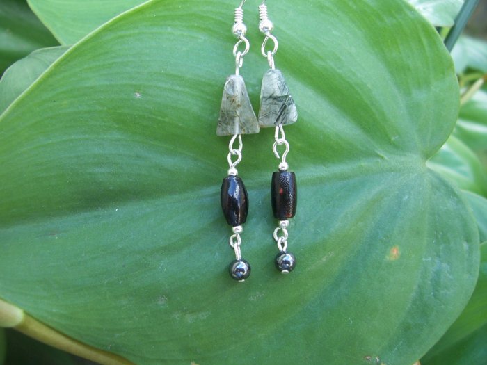 Tourmalinated Quartz, Coral, & Hematite Sterling Silver earrings by A Touch of Earth