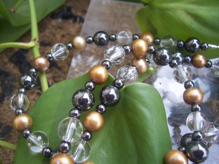 Clear Quartz Gold Freshwater Pearl and Hematite Endless loop necklace by A Touch of Earth