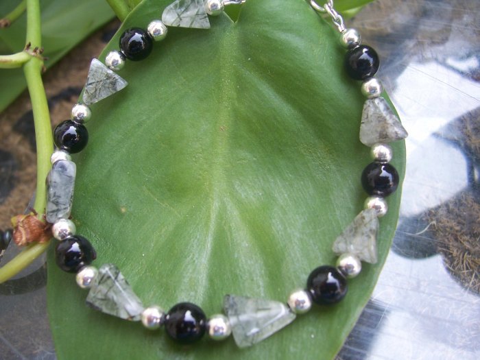 Tourmalinated Quartz and Blackstone Sterling Silver bracelet by A Touch of Earth