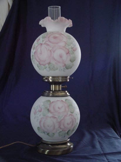 Fenton Floral white satin Handpainted Gone w Wind Lamp
