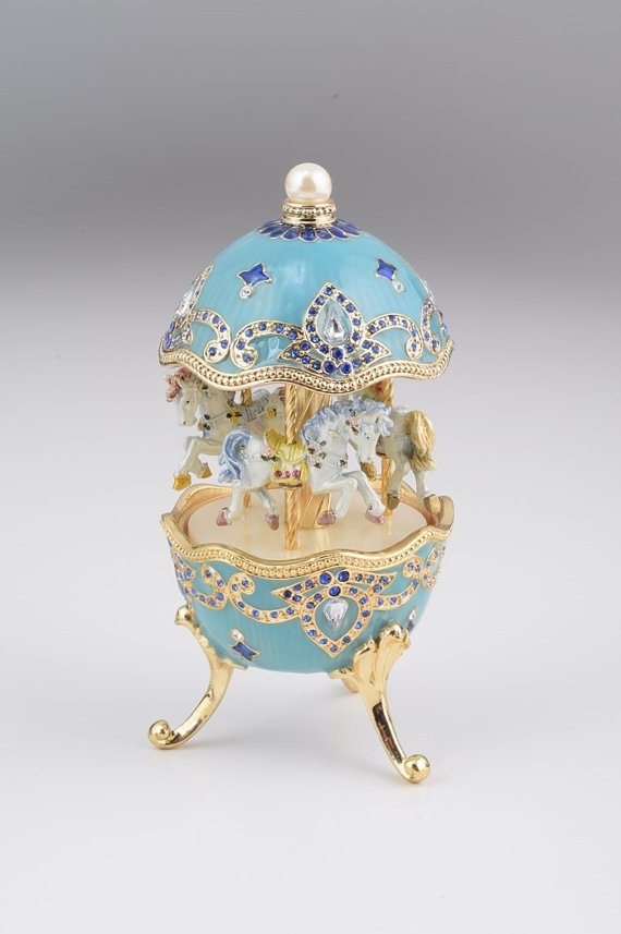 Light Blue Fabergé Style Egg w/ Horse Carousel