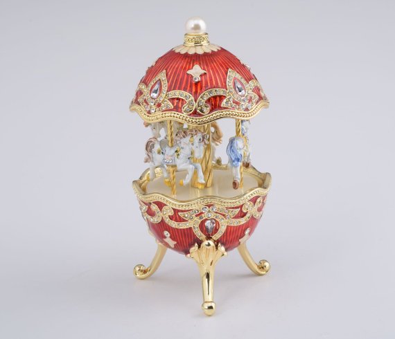 Red Fabergé Style Egg w/ Horse Carousel