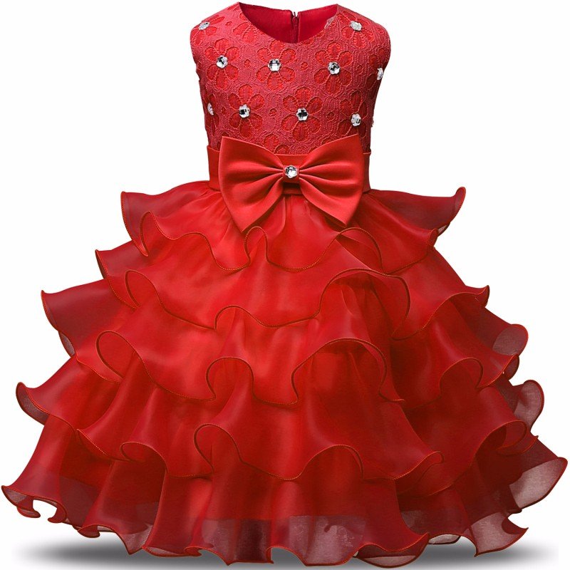 Stunning Flower Print Bow Fashion Princess Girls Child Ball Gown RED 6M-8