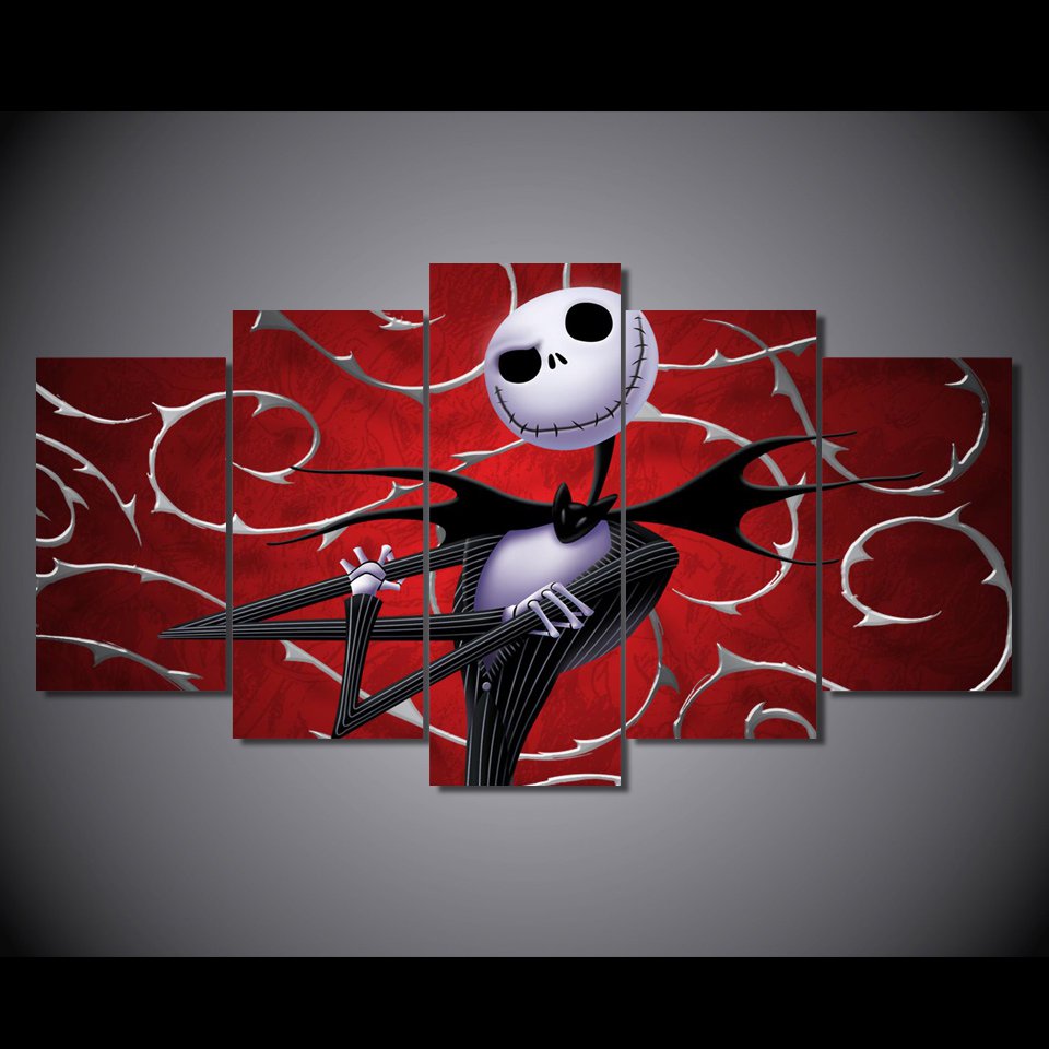 Nightmare Before Christmas Disney Cartoon Jack Skeleton Framed 5pc Oil Painting Wall Decor HD