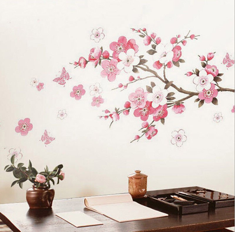 Cherry Peach Blossom Flower Butterfly Removable Wall Sticker Wall Decor (261590443895)